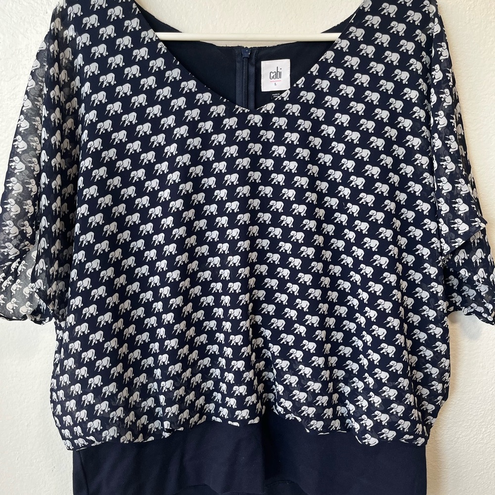 CAbi Navy Elephant Print Blouse
